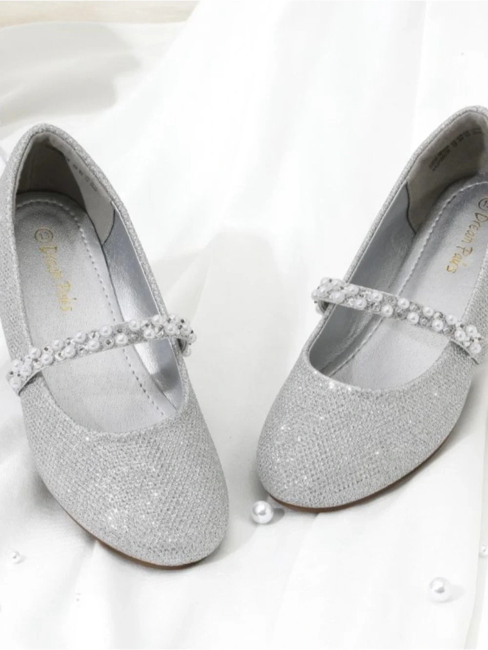 NIB DREAM PAIRS Girls Silver Glitter Pearl Mary Jane Flats